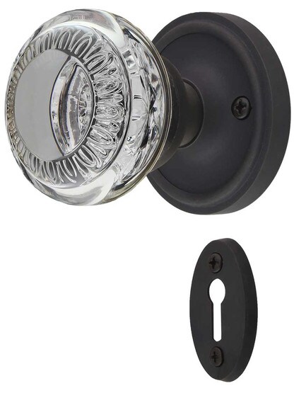 Classic Rosette Mortise-Lock Set with Ovolo Crystal-Glass Knobs and Keyhole in Oil-Rubbed Bronze.